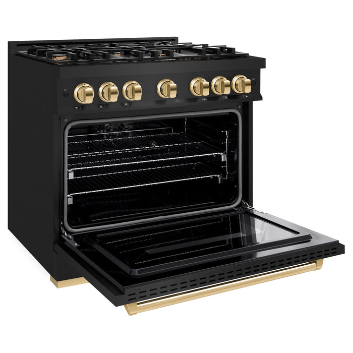 ZLINE Autograph Edition 36" 5.2 cu. ft. Classic Gas Range with 6 Burners in Black Stainless Steel and Polished Gold Accents, CGRBZ-36-G