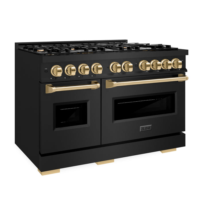 ZLINE Autograph Edition 48" 6.7 cu. ft. Classic Double Oven Gas Range with 8 Burners in Black Stainless Steel and Polished Gold Accents, CGRBZ-48-G