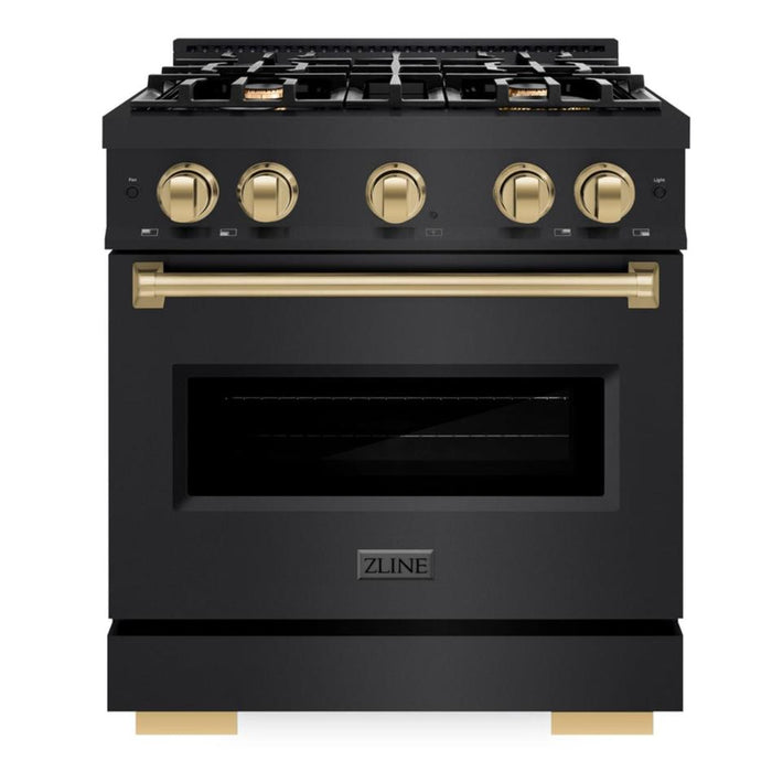 ZLINE Autograph Edition 30" 4.2 cu. ft. Classic Dual Fuel Range with 4 Burners in Black Stainless Steel with Champagne Bronze Accents, CDRBZ-30-CB