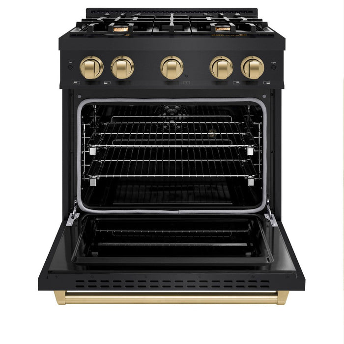 ZLINE Autograph Edition 30" 4.2 cu. ft. Classic Dual Fuel Range with 4 Burners in Black Stainless Steel with Champagne Bronze Accents, CDRBZ-30-CB