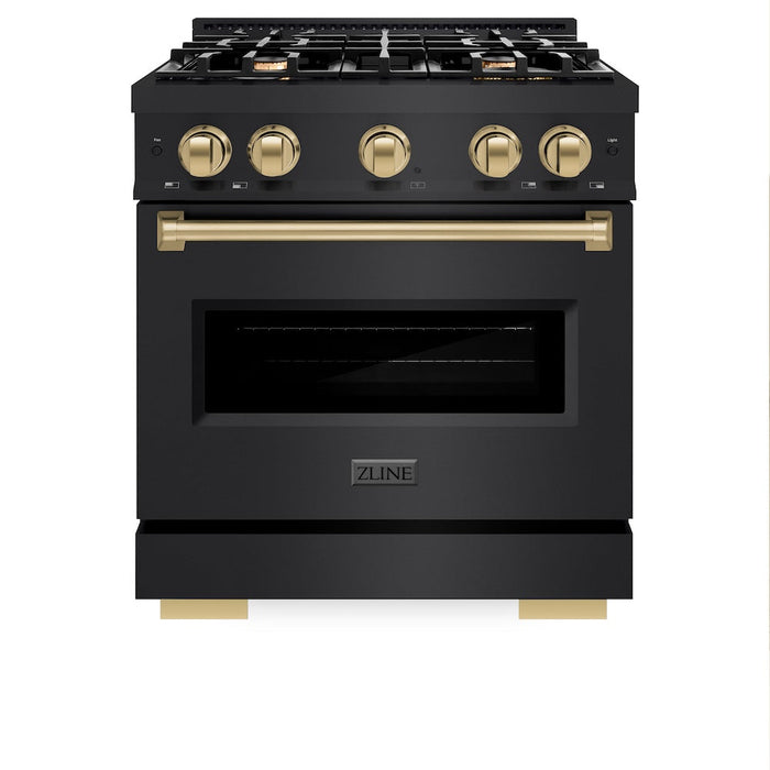 ZLINE Autograph Edition 30 in. 4.2 cu. ft. Classic Dual Fuel Range with 4 Burner Gas Cooktop and Electric Convection Oven in Black Stainless Steel with Champagne Bronze Accents (CDRBZ-30-CB)