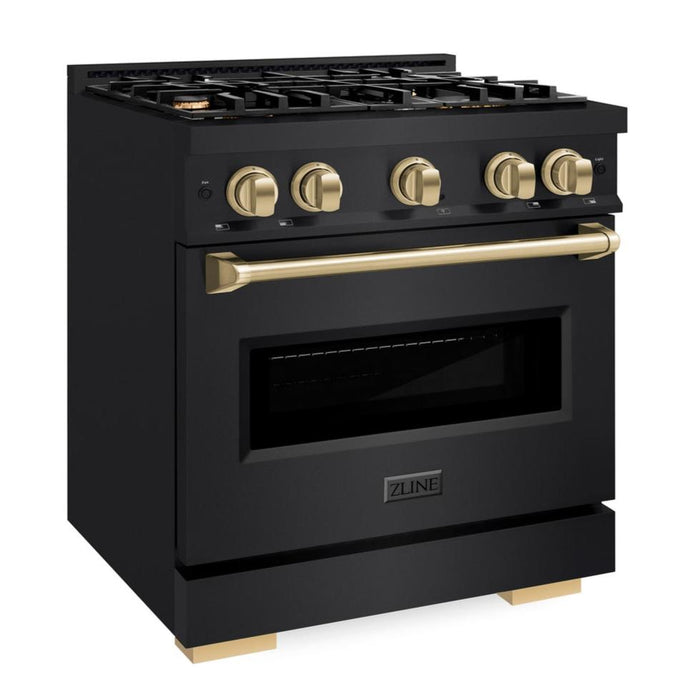 ZLINE Autograph Edition 30" 4.2 cu. ft. Classic Dual Fuel Range with 4 Burners in Black Stainless Steel with Champagne Bronze Accents, CDRBZ-30-CB