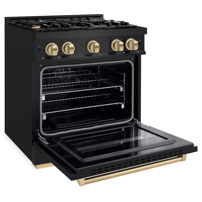 ZLINE Autograph Edition 30 in. 4.2 cu. ft. Classic Dual Fuel Range with 4 Burner Gas Cooktop and Electric Convection Oven in Black Stainless Steel with Champagne Bronze Accents (CDRBZ-30-CB)