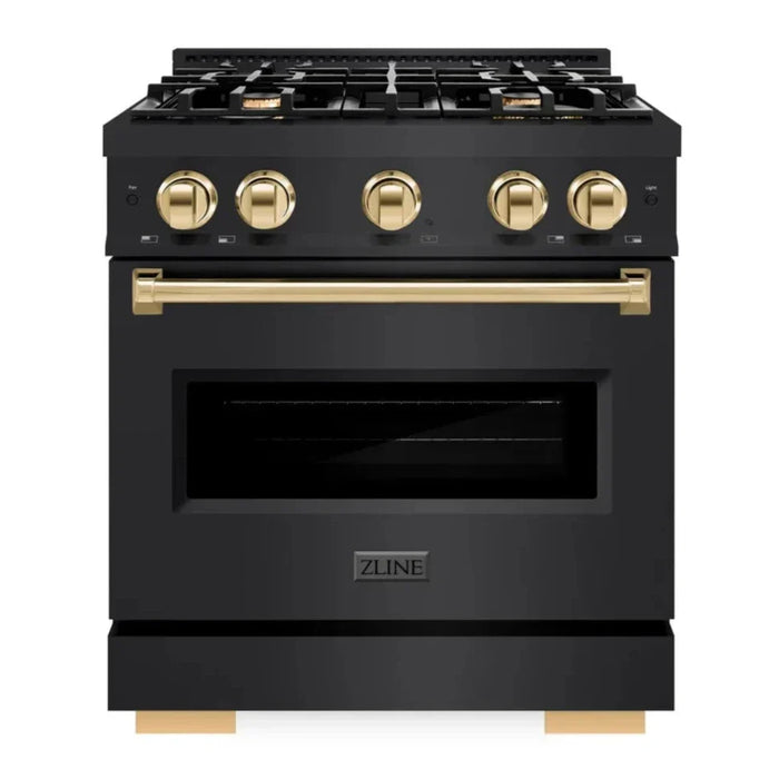 ZLINE Autograph Edition 30" 4.2 cu. ft. Classic Dual Fuel Range with 4 Burners in Black Stainless Steel with Polished Gold Accents, CDRBZ-30-G