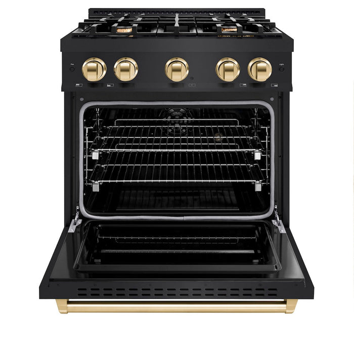 ZLINE Autograph Edition 30 in. 4.2 cu. ft. Classic Dual Fuel Range with 4 Burner Gas Cooktop and Electric Convection Oven in Black Stainless Steel with Polished Gold Accents (CDRBZ-30-G)