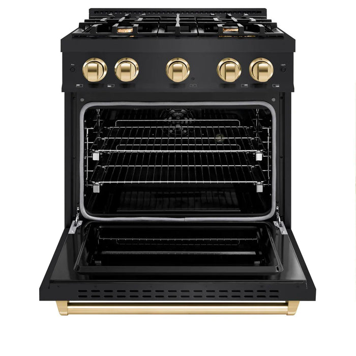 ZLINE Autograph Edition 30" 4.2 cu. ft. Classic Dual Fuel Range with 4 Burners in Black Stainless Steel with Polished Gold Accents, CDRBZ-30-G