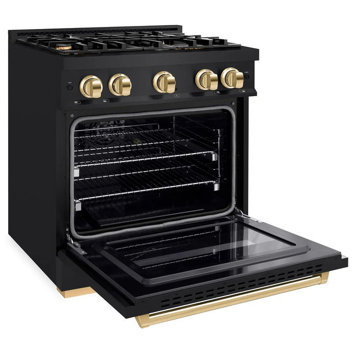 ZLINE Autograph Edition 30" 4.2 cu. ft. Classic Dual Fuel Range with 4 Burners in Black Stainless Steel with Polished Gold Accents, CDRBZ-30-G