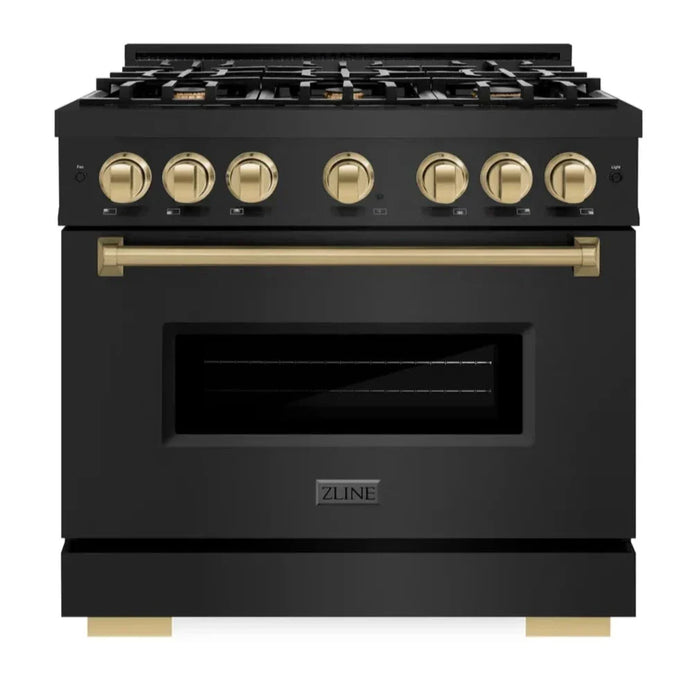 ZLINE Autograph Edition 36" 5.2 cu. ft. Classic Dual Fuel Range with 6 Burners in Black Stainless Steel with Champagne Bronze Accents, CDRBZ-36-CB