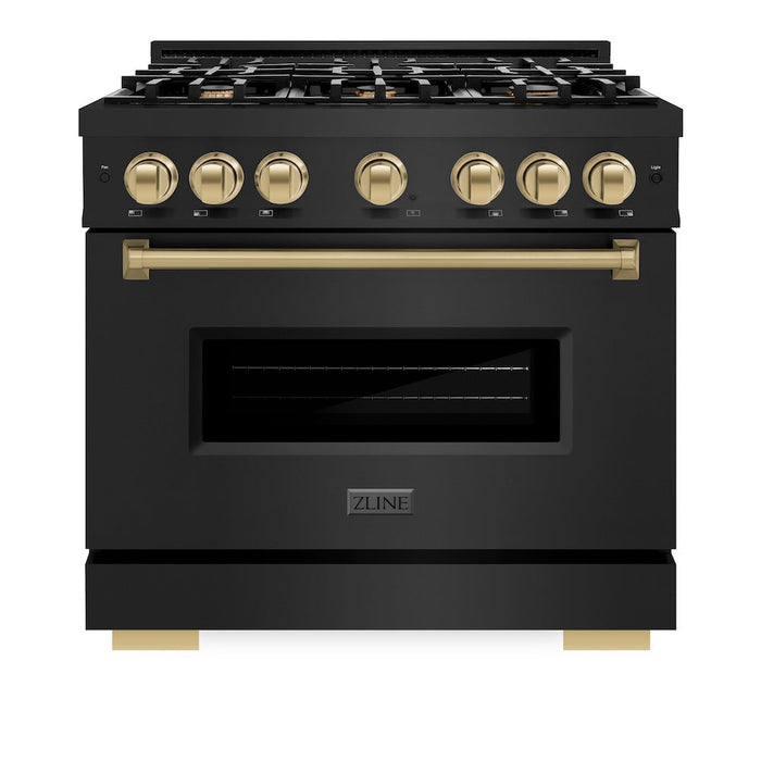 ZLINE Autograph Edition 36 in. 5.2 cu. ft. Classic Dual Fuel Range with 6 Burner Gas Cooktop and Electric Convection Oven in Black Stainless Steel with Champagne Bronze Accents (CDRBZ-36-CB)