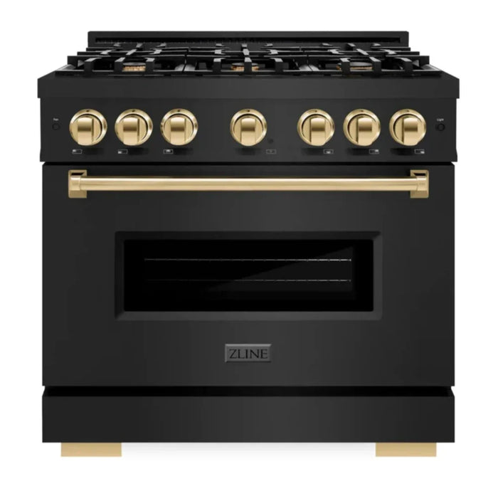 ZLINE Autograph Edition 36" 5.2 cu. ft. Classic Dual Fuel Range with 6 Burners in Black Stainless Steel with Polished Gold Accents, CDRBZ-36-G