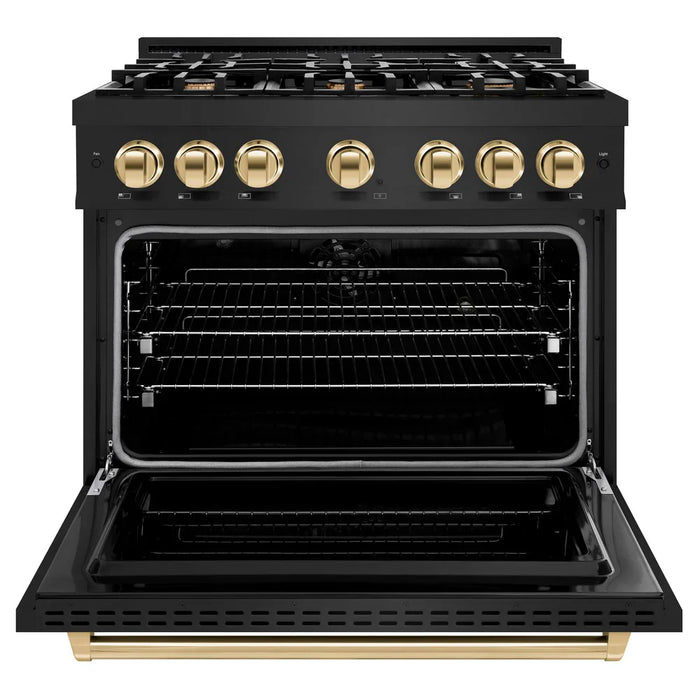 ZLINE Autograph Edition 36" 5.2 cu. ft. Classic Dual Fuel Range with 6 Burners in Black Stainless Steel with Polished Gold Accents, CDRBZ-36-G