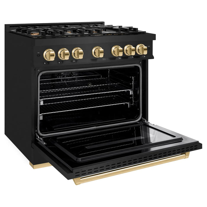 ZLINE Autograph Edition 36" 5.2 cu. ft. Classic Dual Fuel Range with 6 Burners in Black Stainless Steel with Polished Gold Accents, CDRBZ-36-G