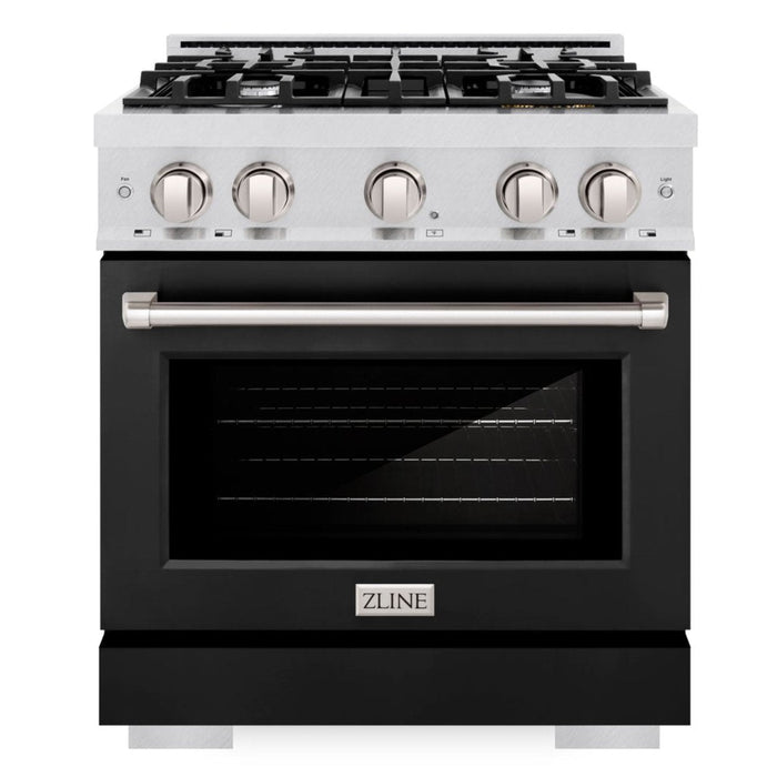 ZLINE 30" 4.2 cu. ft. Select Dual Fuel Range with 4 Burners in DuraSnow® Stainless Steel with Black Matte Door, HDRS-BLM-30