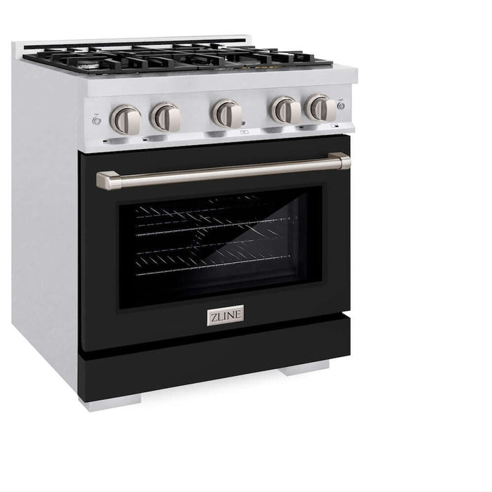 ZLINE 30 in. 4.2 cu. ft. Select Dual Fuel Range with 4 Burner Gas Cooktop and Electric Convection Oven in DuraSnow® Stainless Steel with Black Matte Door (HDRS-BLM-30)