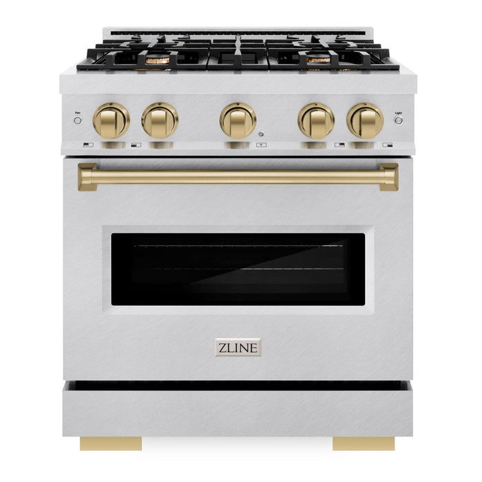 ZLINE Autograph Edition 30" 4.2 cu. ft. Classic Dual Fuel Range with 4 Burners in DuraSnow® Stainless Steel with Champagne Bronze Accents, CDRSZ-30-CB