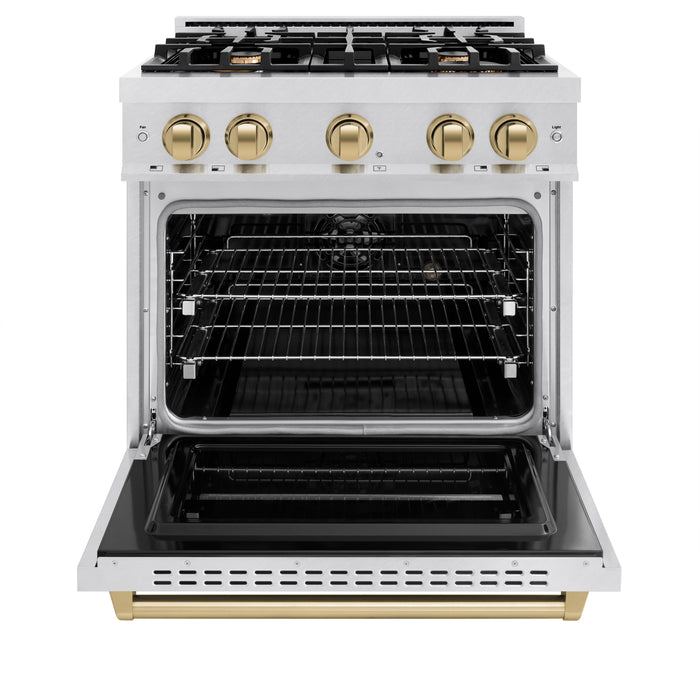 ZLINE Autograph Edition 30" 4.2 cu. ft. Classic Dual Fuel Range with 4 Burners in DuraSnow® Stainless Steel with Champagne Bronze Accents, CDRSZ-30-CB