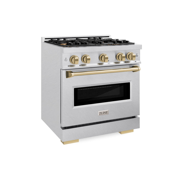 ZLINE Autograph Edition 30" 4.2 cu. ft. Classic Dual Fuel Range with 4 Burners in DuraSnow® Stainless Steel with Champagne Bronze Accents, CDRSZ-30-CB