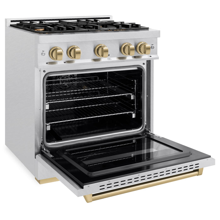 ZLINE Autograph Edition 30" 4.2 cu. ft. Classic Dual Fuel Range with 4 Burners in DuraSnow® Stainless Steel with Champagne Bronze Accents, CDRSZ-30-CB