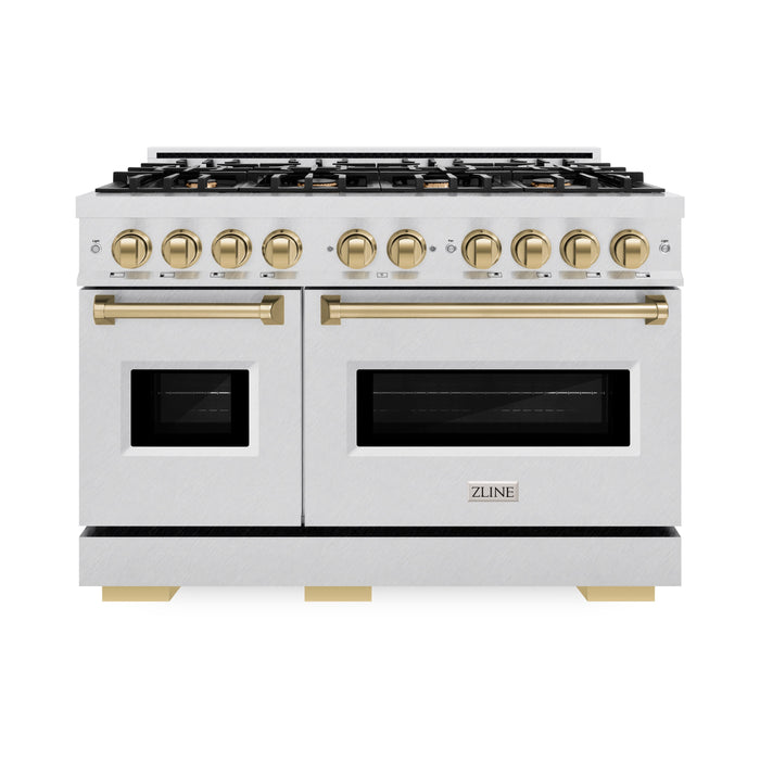 ZLINE Autograph Edition 48" 6.7 cu. ft. Classic Double Oven Dual Fuel Range with 8 Burners in DuraSnow® Stainless Steel and Champagne Bronze Accents, CDRSZ-48-CB