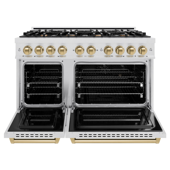 ZLINE Autograph Edition 48" 6.7 cu. ft. Classic Double Oven Dual Fuel Range with 8 Burners in DuraSnow® Stainless Steel and Champagne Bronze Accents, CDRSZ-48-CB