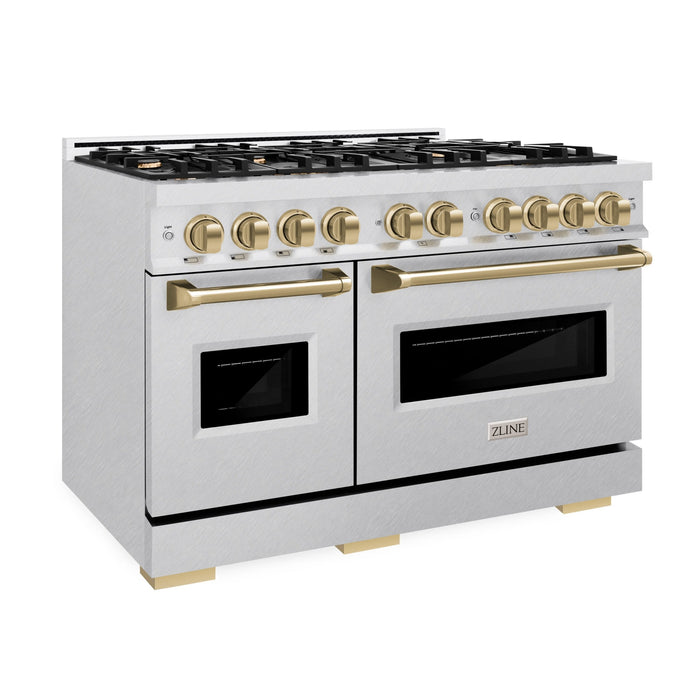 ZLINE Autograph Edition 48" 6.7 cu. ft. Classic Double Oven Dual Fuel Range with 8 Burners in DuraSnow® Stainless Steel and Champagne Bronze Accents, CDRSZ-48-CB