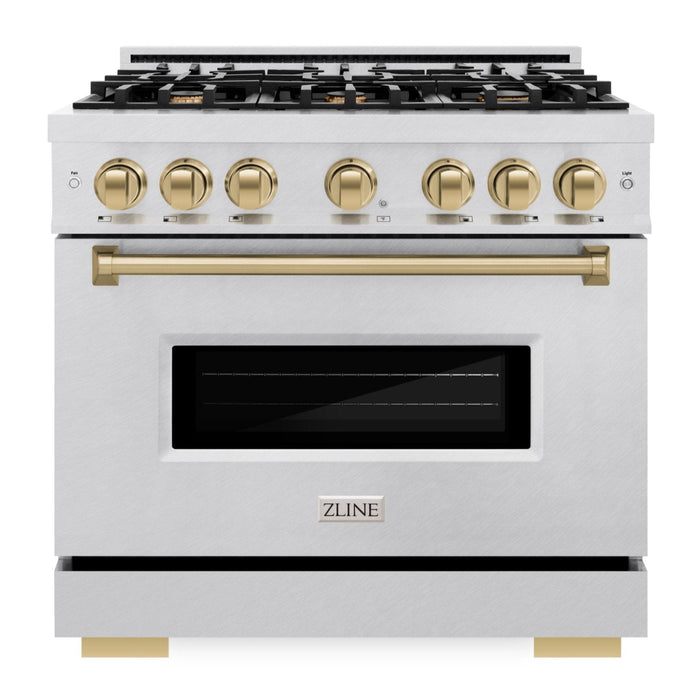 ZLINE Autograph Edition 36" 5.2 cu. ft. Classic Dual Fuel Range with 6 Burners  in DuraSnow® Stainless Steel with Champagne Bronze Accents, CDRSZ-36-CB