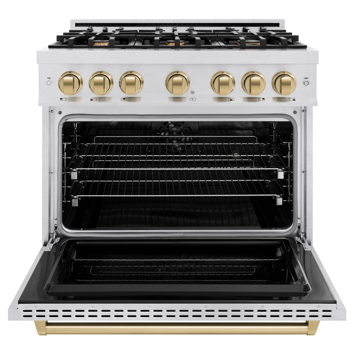 ZLINE Autograph Edition 36" 5.2 cu. ft. Classic Dual Fuel Range with 6 Burners  in DuraSnow® Stainless Steel with Champagne Bronze Accents, CDRSZ-36-CB