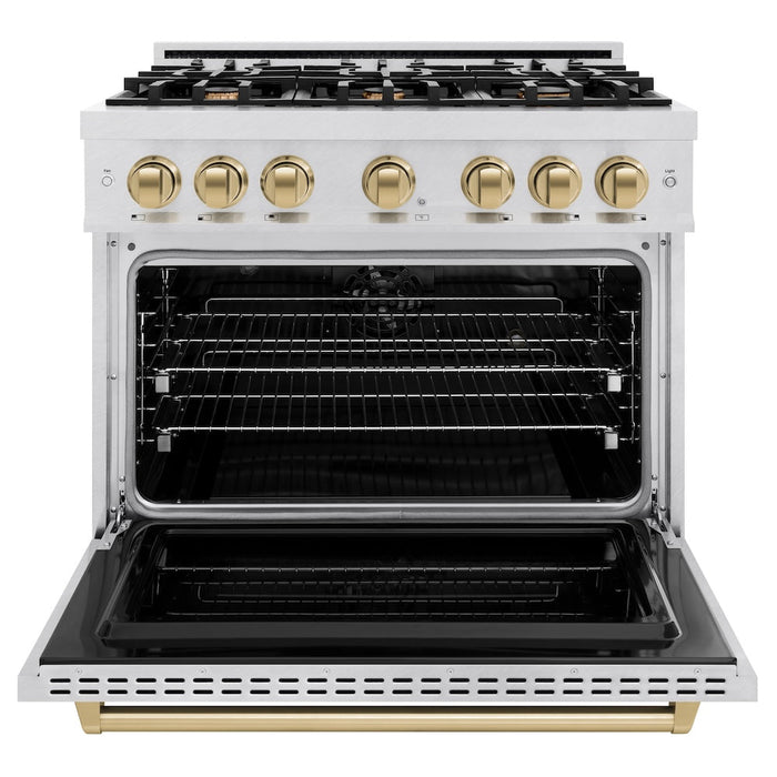 ZLINE Autograph Edition 36 in. 5.2 cu. ft. Classic Dual Fuel Range with 6 Burner Gas Cooktop and Electric Convection Oven in DuraSnow® Stainless Steel with Champagne Bronze Accents (CDRSZ-36-CB)