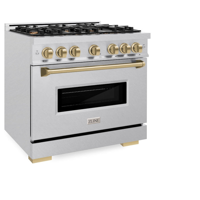 ZLINE Autograph Edition 36 in. 5.2 cu. ft. Classic Dual Fuel Range with 6 Burner Gas Cooktop and Electric Convection Oven in DuraSnow® Stainless Steel with Champagne Bronze Accents (CDRSZ-36-CB)