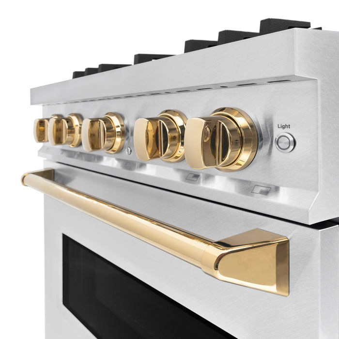 ZLINE Autograph Edition 30" 4.2 cu. ft. Classic Dual Fuel Range with 4 Burners in DuraSnow® Stainless Steel with Polished Gold Accents, CDRSZ-30-G