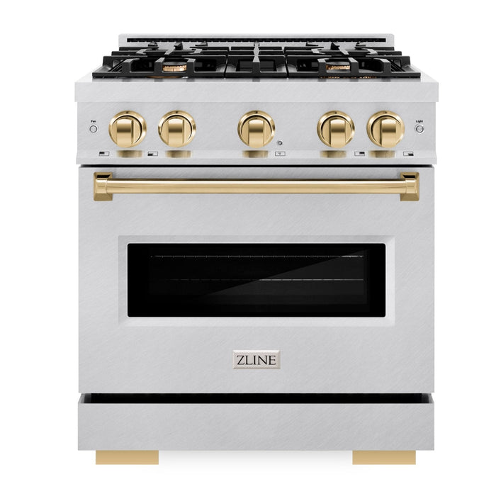 ZLINE Autograph Edition 30" 4.2 cu. ft. Classic Dual Fuel Range with 4 Burners in DuraSnow® Stainless Steel with Polished Gold Accents, CDRSZ-30-G