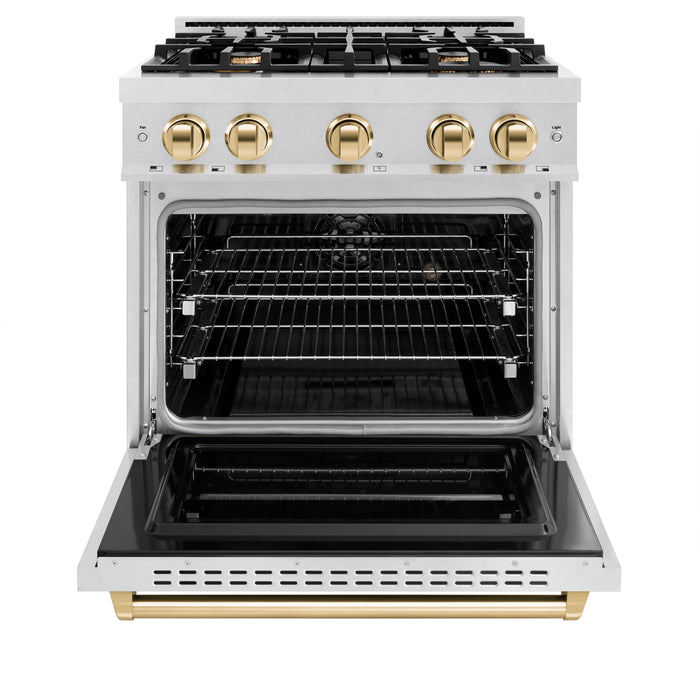 ZLINE Autograph Edition 30" 4.2 cu. ft. Classic Dual Fuel Range with 4 Burners in DuraSnow® Stainless Steel with Polished Gold Accents, CDRSZ-30-G