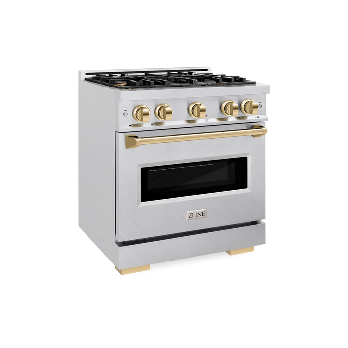 ZLINE Autograph Edition 30" 4.2 cu. ft. Classic Dual Fuel Range with 4 Burners in DuraSnow® Stainless Steel with Polished Gold Accents, CDRSZ-30-G