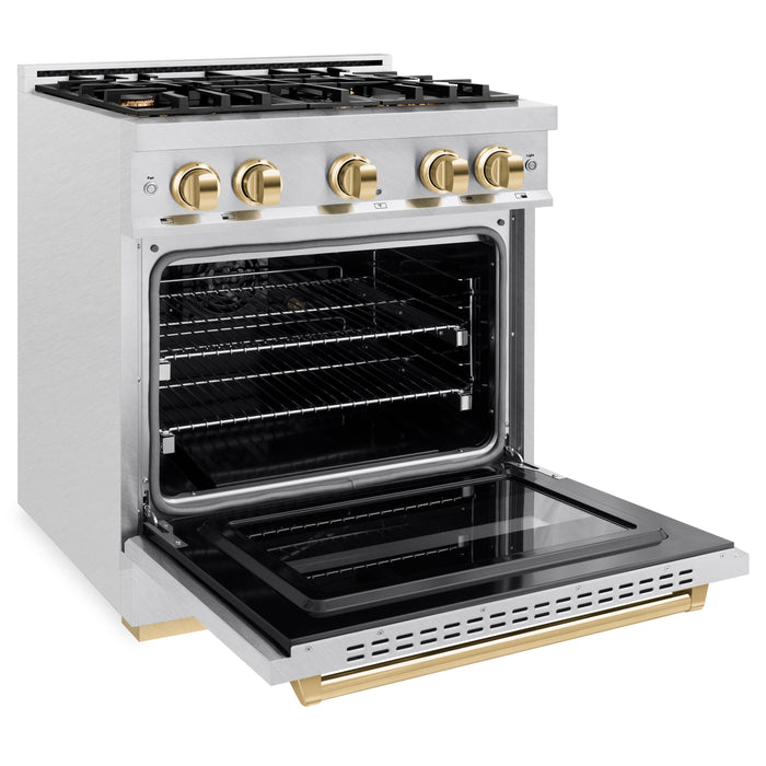 ZLINE Autograph Edition 30" 4.2 cu. ft. Classic Dual Fuel Range with 4 Burners in DuraSnow® Stainless Steel with Polished Gold Accents, CDRSZ-30-G