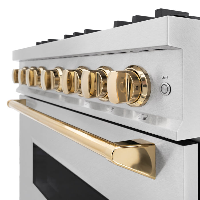 ZLINE Autograph Edition 36" 5.2 cu. ft. Classic Dual Fuel Range with 6 Burners in DuraSnow® Stainless Steel with Polished Gold Accents, CDRSZ-36-G