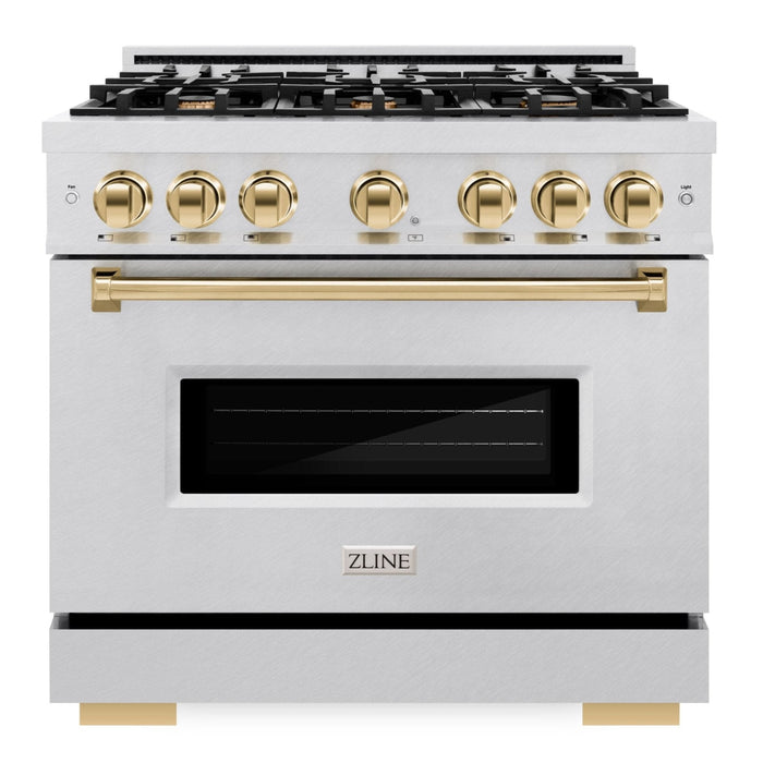 ZLINE Autograph Edition 36" 5.2 cu. ft. Classic Dual Fuel Range with 6 Burners in DuraSnow® Stainless Steel with Polished Gold Accents, CDRSZ-36-G