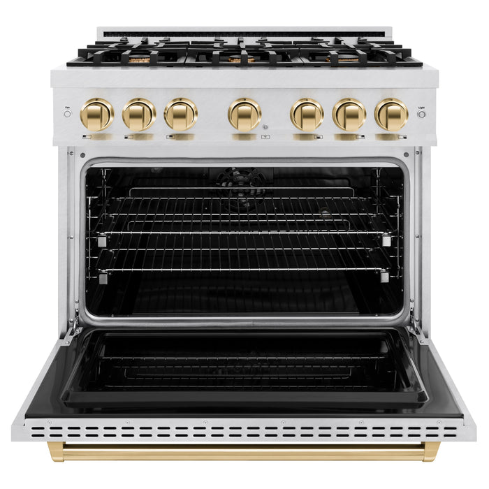 ZLINE Autograph Edition 36" 5.2 cu. ft. Classic Dual Fuel Range with 6 Burners in DuraSnow® Stainless Steel with Polished Gold Accents, CDRSZ-36-G