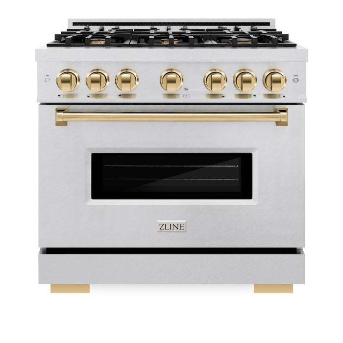 ZLINE Autograph Edition 36 in. 5.2 cu. ft. Classic Dual Fuel Range with 6 Burner Gas Cooktop and Electric Convection Oven in DuraSnow® Stainless Steel with Polished Gold Accents (CDRSZ-36-G)