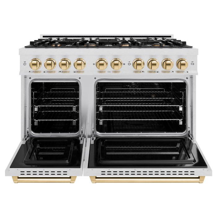 ZLINE Autograph Edition 48" 6.7 cu. ft. Classic Double Oven Dual Fuel Range with 8 Burners in DuraSnow® Stainless Steel and Polished Gold Accents, CDRSZ-48-G