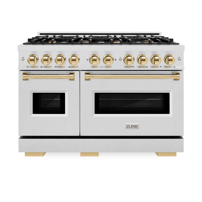 ZLINE Autograph Edition 48" 6.7 cu. ft. Classic Double Oven Dual Fuel Range with 8 Burners in DuraSnow® Stainless Steel and Polished Gold Accents, CDRSZ-48-G