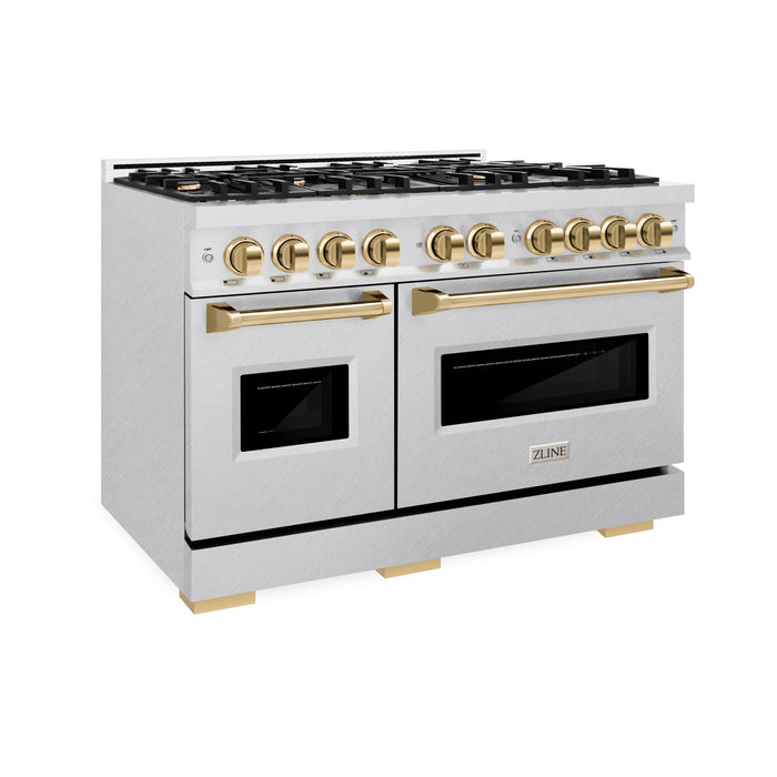 ZLINE Autograph Edition 48" 6.7 cu. ft. Classic Double Oven Dual Fuel Range with 8 Burners in DuraSnow® Stainless Steel and Polished Gold Accents, CDRSZ-48-G