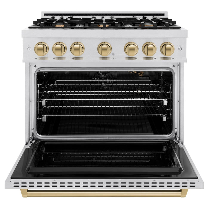 ZLINE Autograph Edition 36 in. 5.2 cu. ft. Classic Gas Range with 6 Burner Cooktop and Convection Gas Oven in DuraSnow® Stainless Steel and Champagne Bronze Accents (CGRSZ-36-CB)