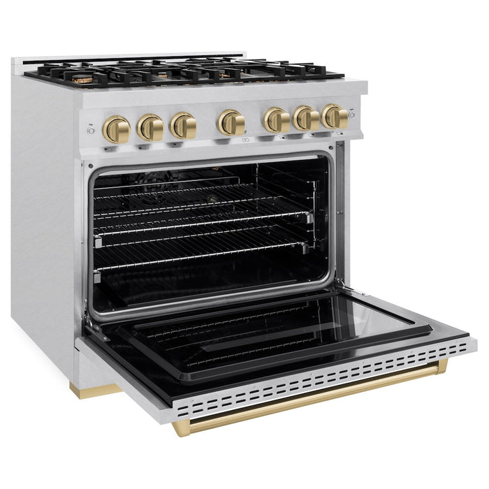 ZLINE Autograph Edition 36 in. 5.2 cu. ft. Classic Gas Range with 6 Burner Cooktop and Convection Gas Oven in DuraSnow® Stainless Steel and Champagne Bronze Accents (CGRSZ-36-CB)