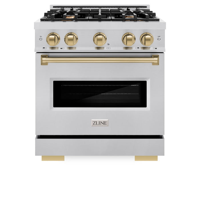 ZLINE Autograph Edition 30 in. 4.2 cu. ft. Classic Dual Fuel Range with 4 Burner Gas Cooktop and Electric Convection Oven in Stainless Steel with Champagne Bronze Accents (CDRZ-30-CB)