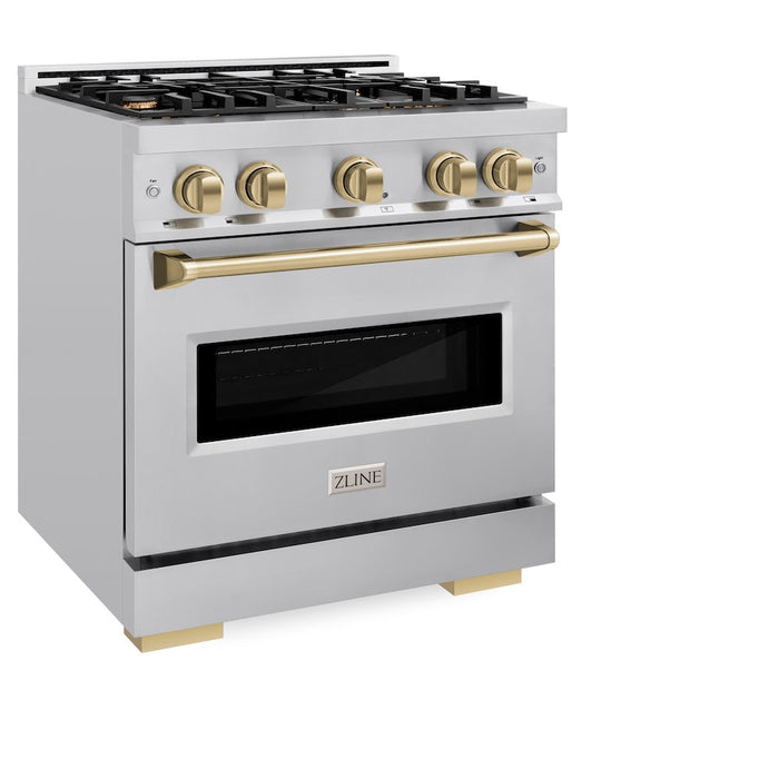 ZLINE Autograph Edition 30 in. 4.2 cu. ft. Classic Dual Fuel Range with 4 Burner Gas Cooktop and Electric Convection Oven in Stainless Steel with Champagne Bronze Accents (CDRZ-30-CB)