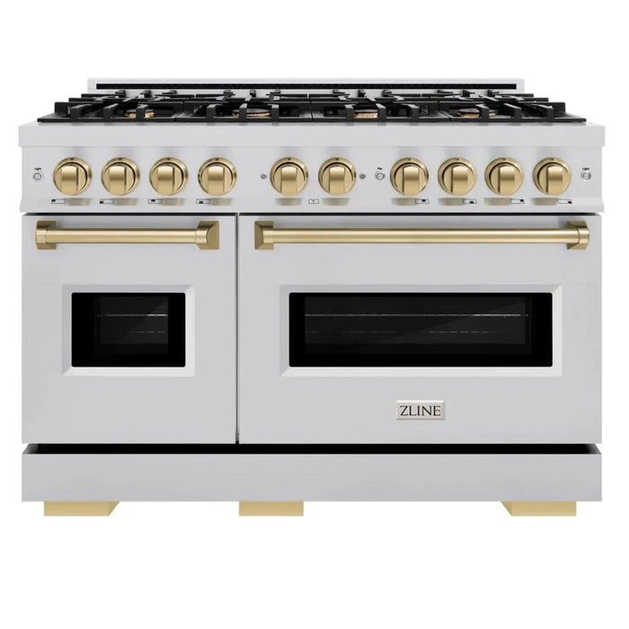 ZLINE Autograph Edition 48" 6.7 cu. ft. Classic Double Oven Dual Fuel Range with 8 Burners in Stainless Steel and Champagne Bronze Accents, CDRZ-48-CB