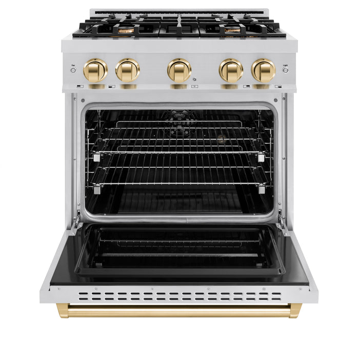 ZLINE Autograph Edition 30" 4.2 cu. ft. Classic Dual Fuel Range with 4 Burners in Stainless Steel with Polished Gold Accents, CDRZ-30-G