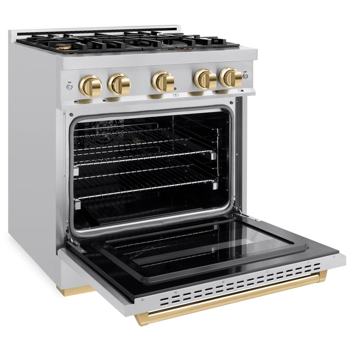 ZLINE Autograph Edition 30" 4.2 cu. ft. Classic Dual Fuel Range with 4 Burners in Stainless Steel with Polished Gold Accents, CDRZ-30-G