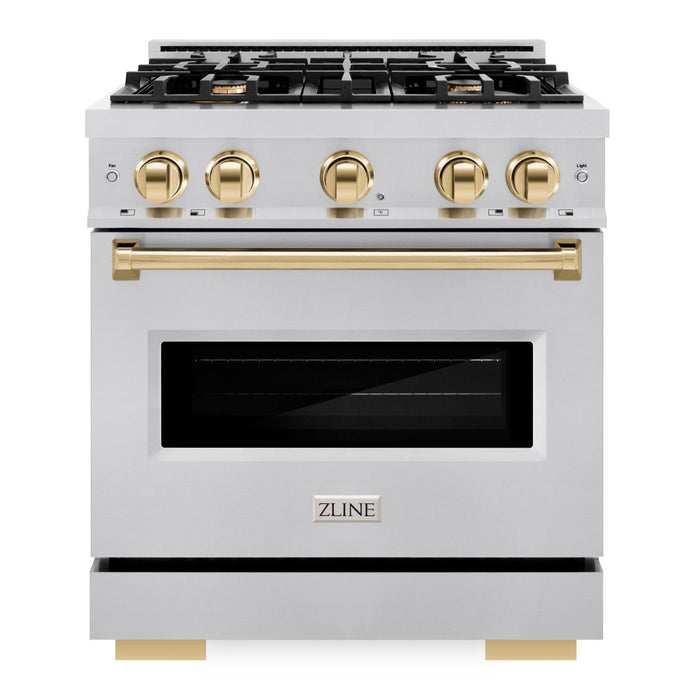 ZLINE Autograph Edition 30" 4.2 cu. ft. Classic Dual Fuel Range with 4 Burners in Stainless Steel with Polished Gold Accents, CDRZ-30-G