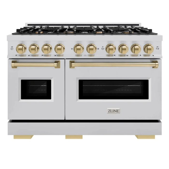 ZLINE Autograph Edition 48" 6.7 cu. ft. Classic Double Oven Gas Range with 8 Burners in Stainless Steel and Champagne Bronze Accents, CGRZ-48-CB